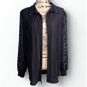 Rio & Rian Pleated Shirt Black Button Down Sheer Burnout Geometric Sleeves Sz XL